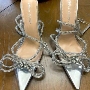 Clear strappy rhinestone bow heels